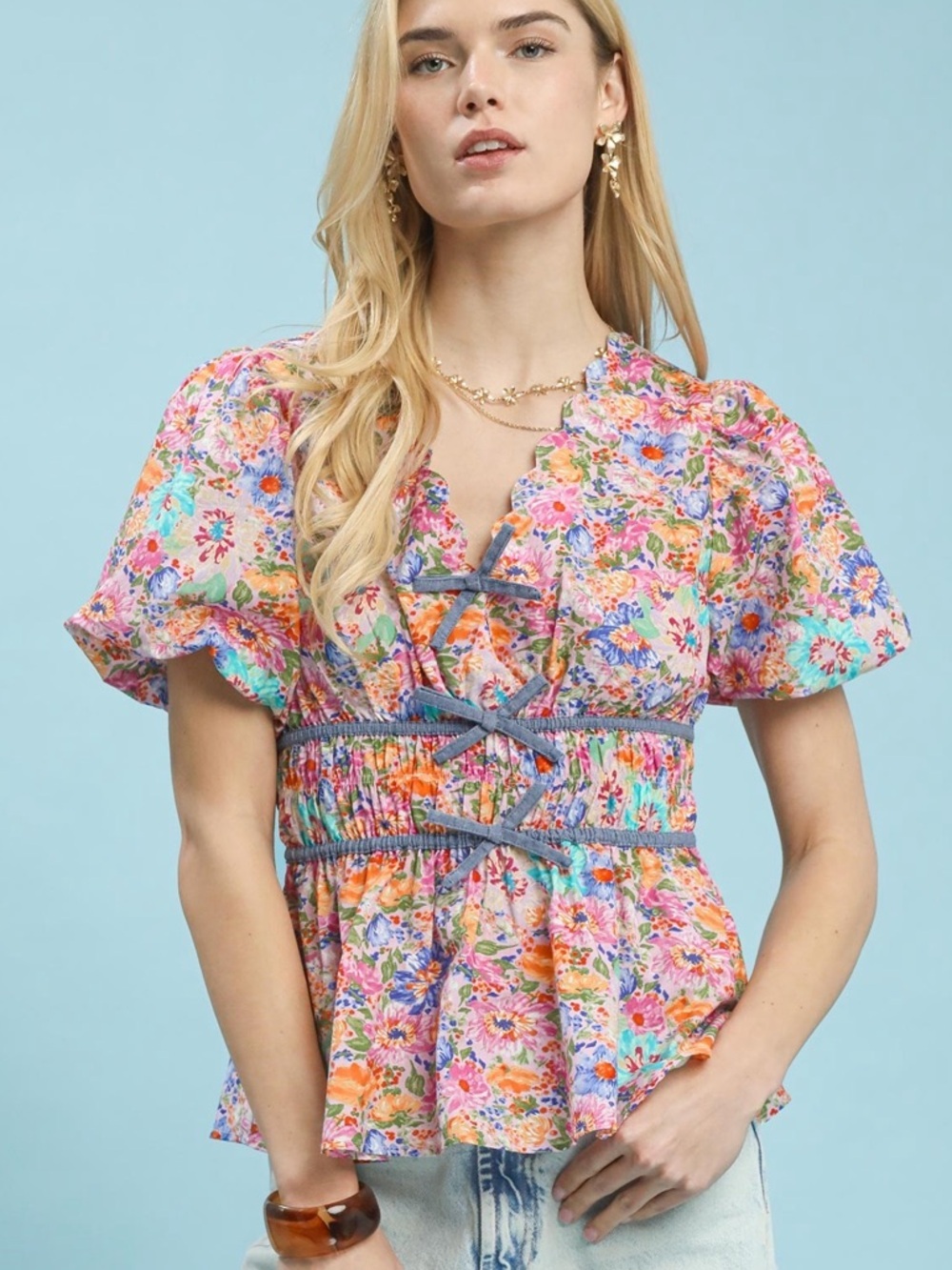 💗Hello Gorgeous! Umgee Mix Floral Smocked Waist Blouse- Peony Mix-ALMOST GONE